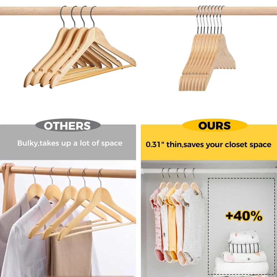 "Perchas de madera para niños de calidad 12"" - Paquete de 20 ultra delgadas diseño de madera contrachapada de 0,31""... Foto 2 de 4