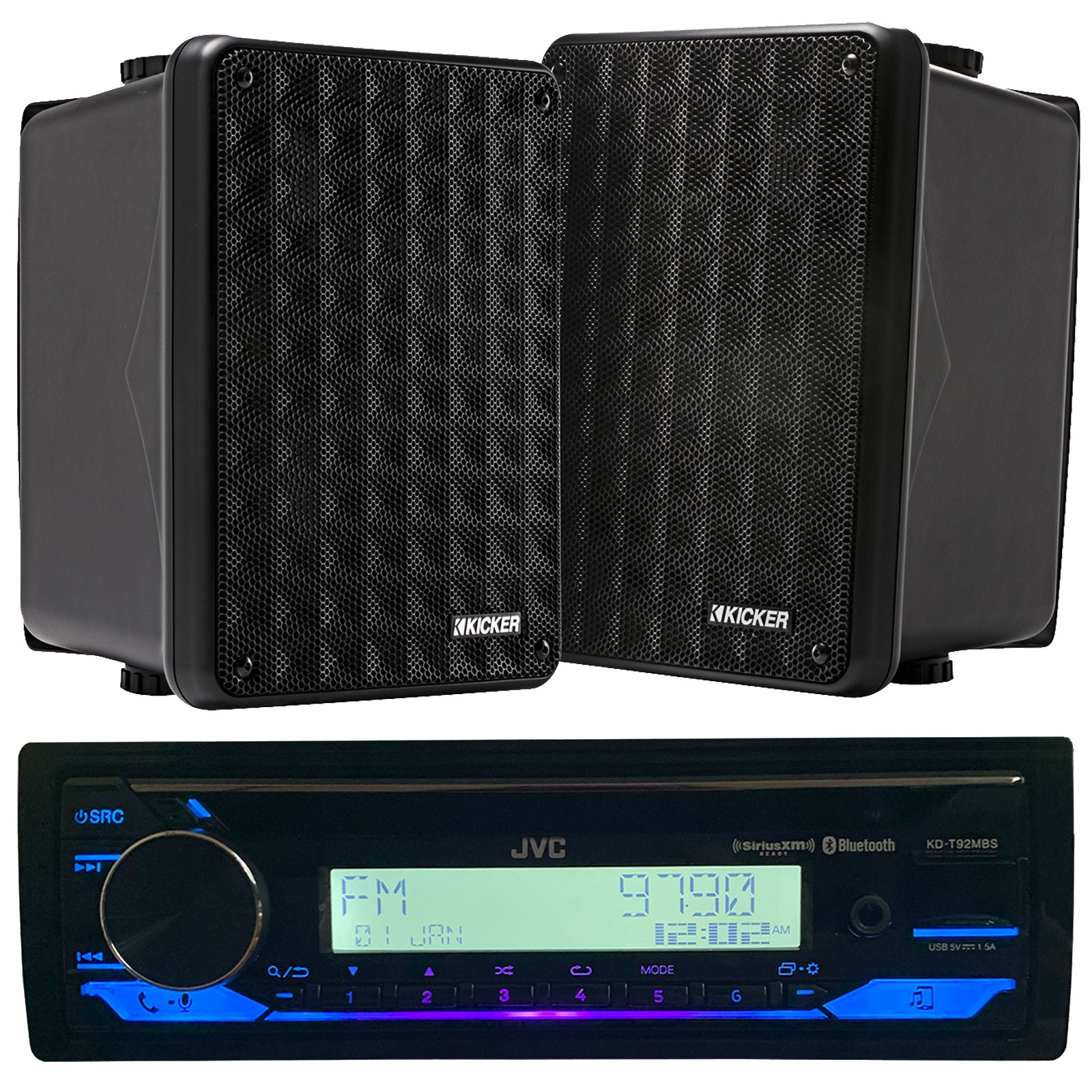 2x Kicker Indoor Outdoor Box Speakers,  Bluetooth USB CD Player Receiver