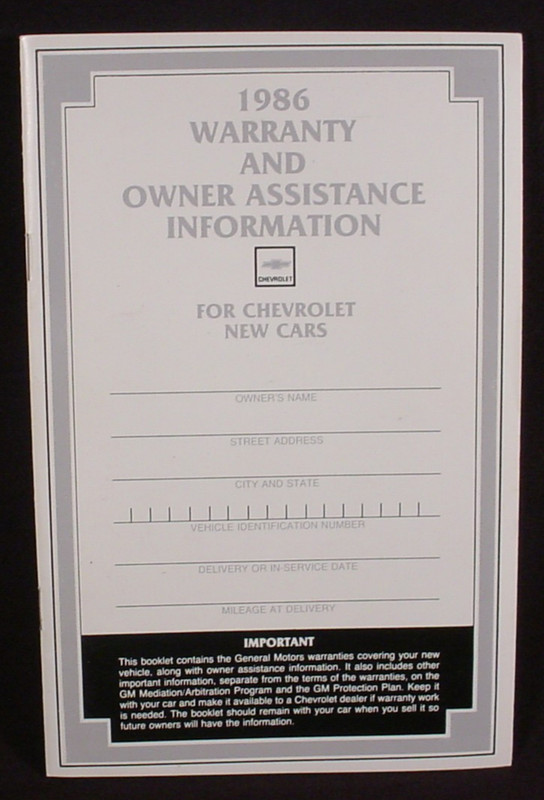 1986 Chevrolet Car Warranty  Booklet  - NEW OLD STOCK