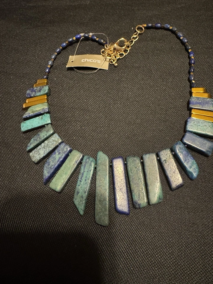 Chico’s Danita 部落风格蓝色、绿色和铜色围兜项链带标签 — 第 3/4 张图片
