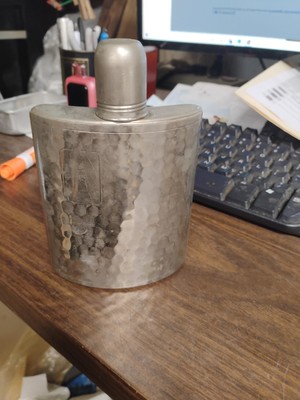 Vintage Hammered Chrome Flask-AHS Made In Germany-  10 oz.-Tin Lin W /Shotglass