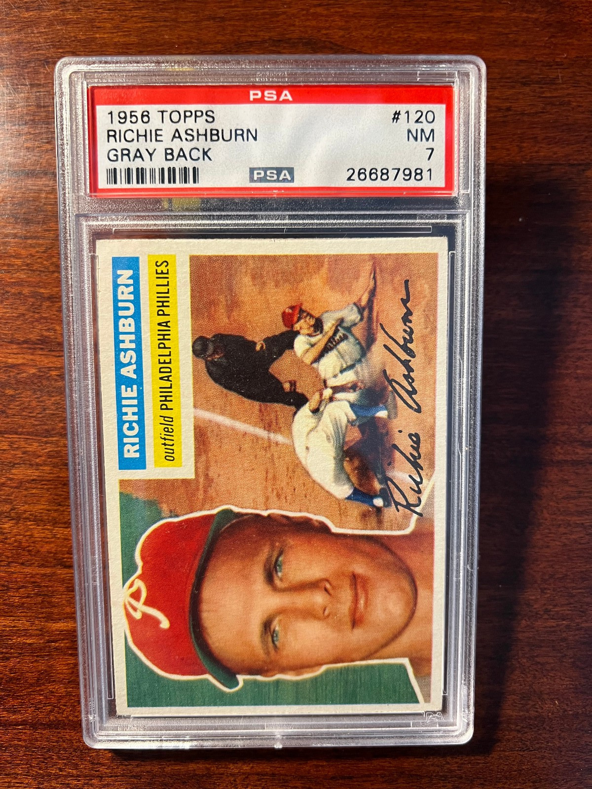 1956 Topps Baseball Richie Ashburn (HOF) #120 Gray Back PSA 7