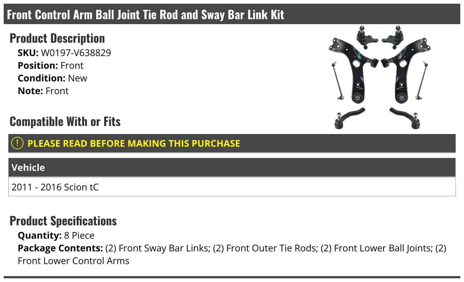 Front Lower Control Arm Ball Joint Tie Rod End and Sway Bar Link Kit - 8 Piece