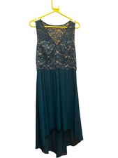 Oasis Lace and Chiffon Asymmetric Dress Teal Sleeveless - Size 12