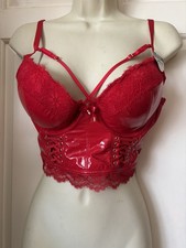 Bright Red Wet Look Cage Harness Strappy & Lace Plunge Push Up Bra 36D Sexy New