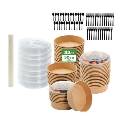 50-Pack 26oz Paper Meal Prep Containers with Lids & Cutlery   Disposable Pape...