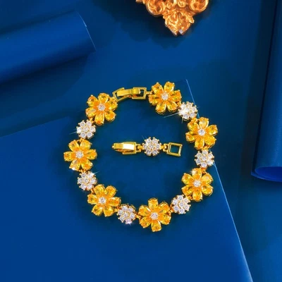 Gold Plated Flower Cubic Zirconia Tennis Bracelet for Wedding Women Jewelry Gift - Image 1 of 4