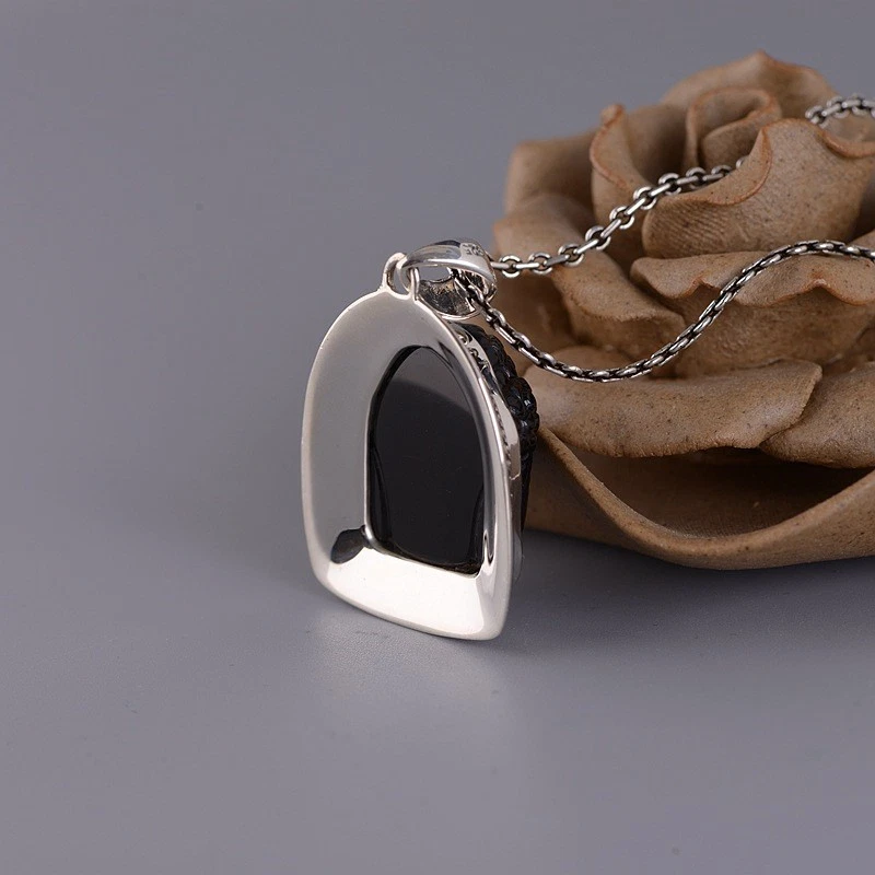 Colgante Cabeza de Buda Obsidiana Negra Tallada S925 Plata Protección Zen Amuleto Foto 2 de 4