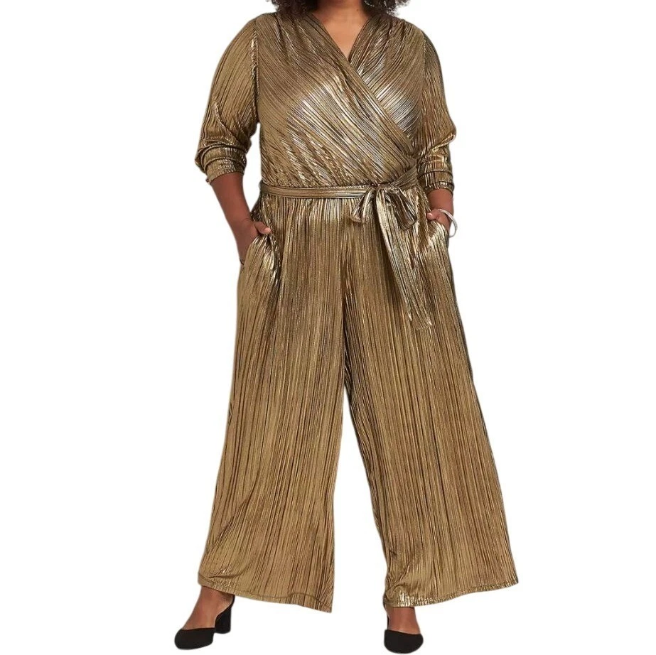 Novo Macacão Feminino Lane Bryant Dourado Metálico Surplice Crossover Tamanho 14/16 - Imagem 2 de 4