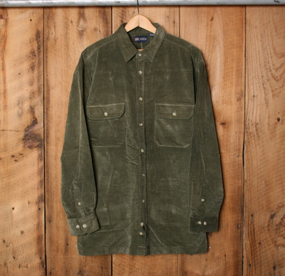 Vintage 90's FADED GLORY Green Corduroy Flat Bottom Button Front Shirt Sz. L