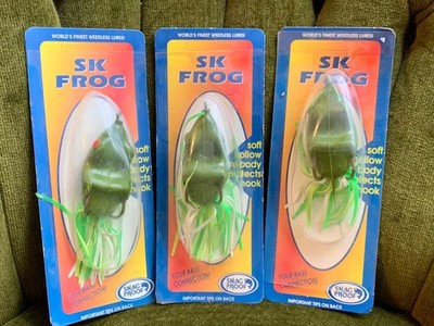 NOS LOT of 3 Vintage Snag Proof SK Frog- Green Soft Hollow Body Fishing Lure