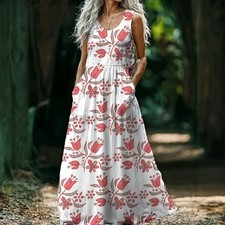 White Red Floral Scoop Neck Sleeveless Maxi Dress with Pockets Regular Size L 