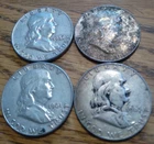 Lot of 4 Franklin Half Dollars --  1954, 1957, 1961 and 1963 -- 90% Silver