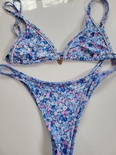 Kulani Kinis Bikini Set Womens L Blue Floral Triangle Cheeky Minimal Coverage