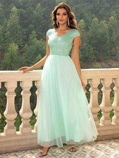 Prom Dress Mint Green Formal Gown Sequin Bodice Tulle Maxi Dress Blue