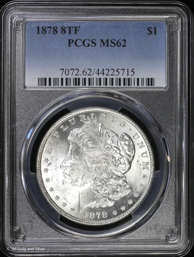 1878-P 8TF $1 Morgan Dollar PCGS MS 62 | 8 Tail Feathers Uncirculated UNC