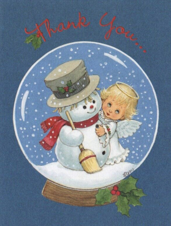 Unused 1999 Ruth Morehead Angel Snowman SNOWGLOBE Xmas Thank You Greeting Card