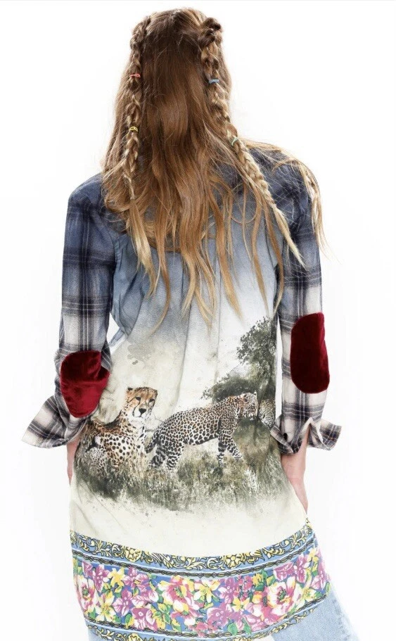 Aratta Silent Journey Large Cheetah Shirt Dress Buttons Plaid Flannel Medium