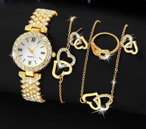 Gold-Plated Diamante Jewellery Set Necklace Bracelet Earrings Ring and Watch