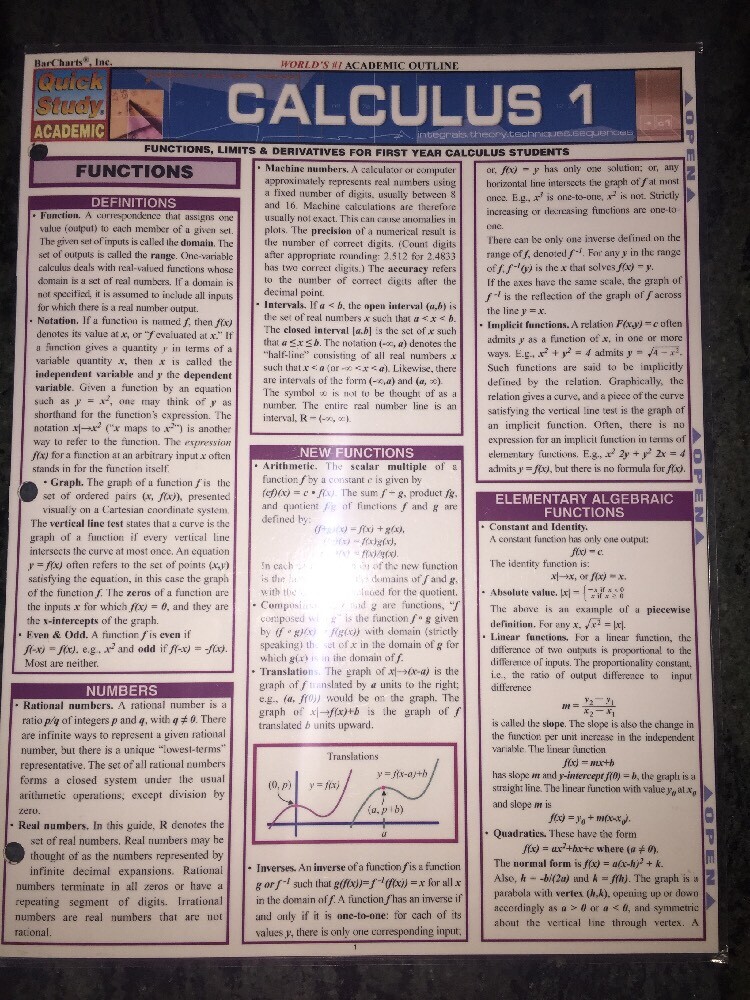 Calculus 1 Laminated BarCharts Study Guide | eBay