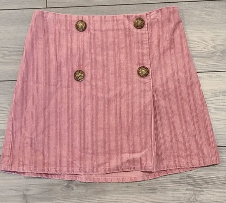 Pink corduroy military mini skirt with button details