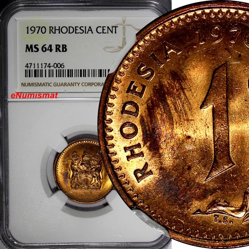 RHODESIA Bronze 1970 1 Cent NGC MS64 RB NICE RED TONING KM# 10 (006)