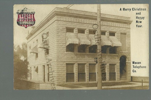 MACON MISSOURI RPPC 1907 PUBBLICITÀ MACON COMPAGNIA TELEFONICA Vacanze NATALE - Foto 1 di 2