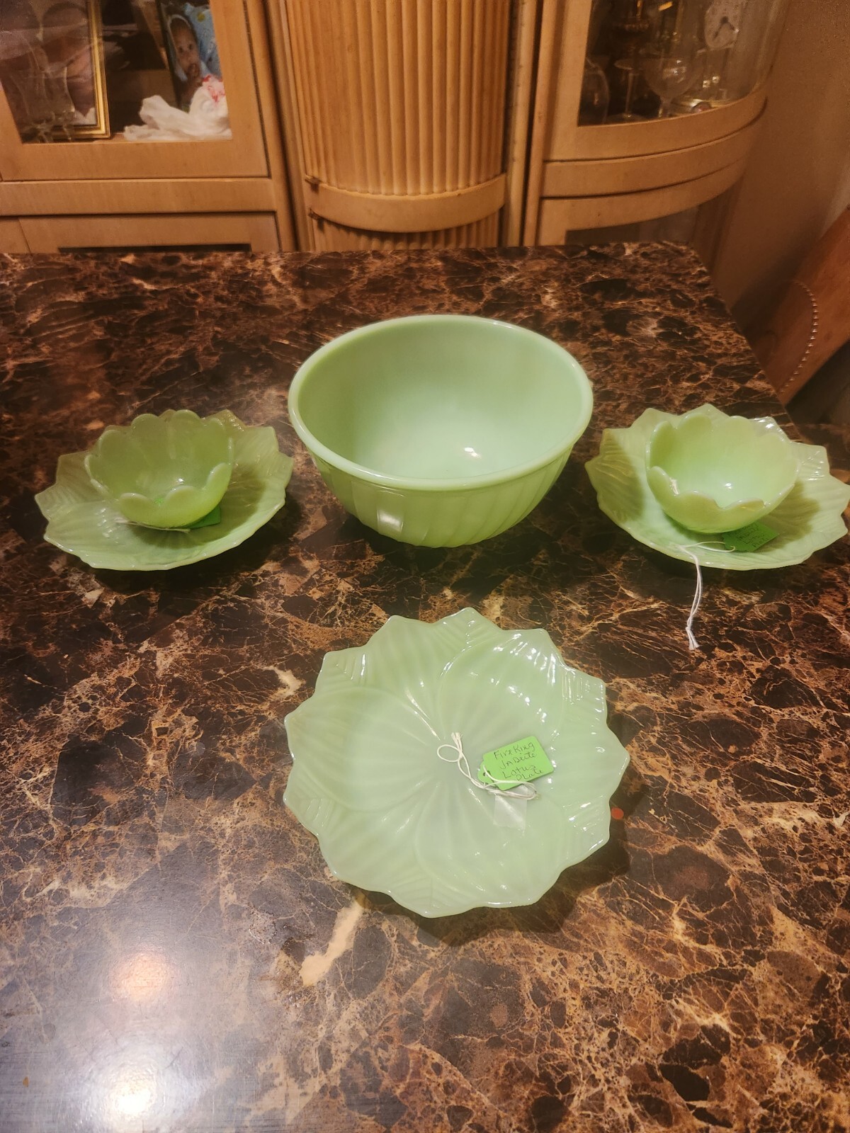 Fire King Jadeite swirl bowl 3 lotus salad plates 2 cups also 38 plates