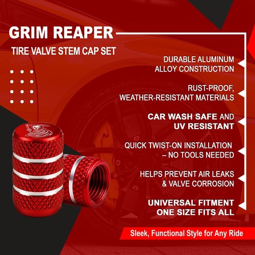 Reaper Tire Valve Stem Caps Universal Fit Car Truck SUV Aluminum 4pc Set Red - Picture 3 of 6
