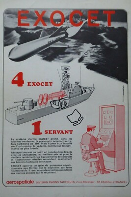 1971 PUB AEROSPACE MM38 MISSILE EXOCET ANTI SHIP MISSILE ORIGINAL FRENCH AD