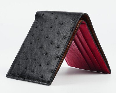 Genuine Ostrich Black/Red Bifold Leather Wallet Men's Skin Wallet Handmade