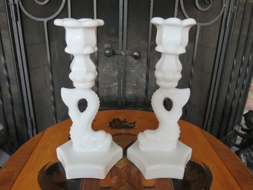 Westmoreland Milk Glass Dolphin Koi Fish 13" Shell Bowl & 9" Candle Holder Pair - Picture 17 of 24