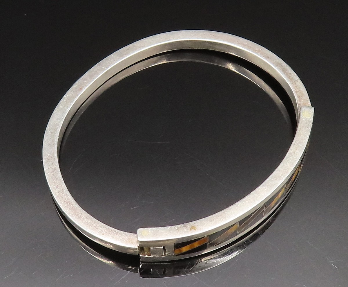 CECILIA TONO 925 Silver Vintage Inlaid Onyx & Tiger's Eye Bracelet