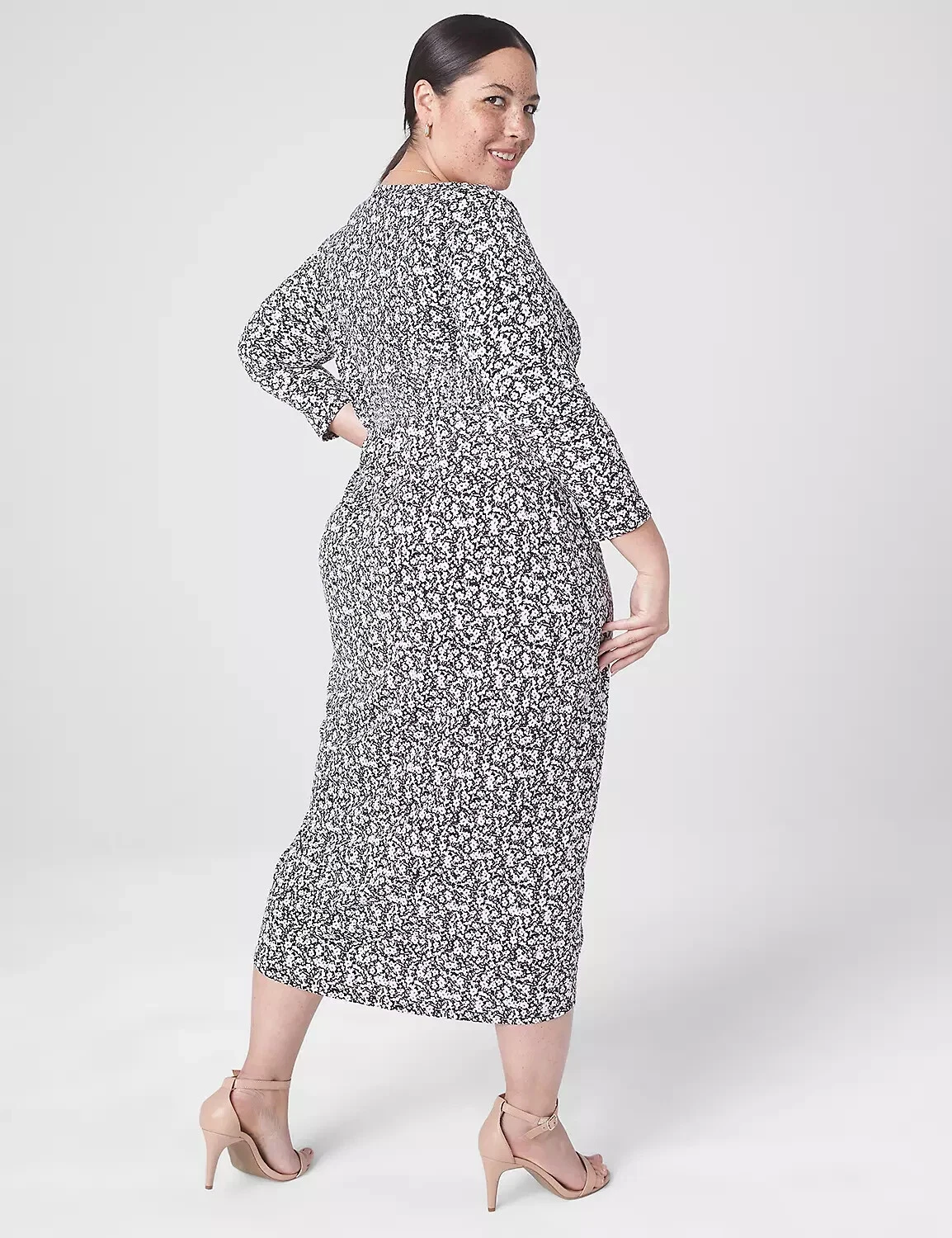 VETEMENTS Abito Lane Bryant tg 10 12 nero bianco viola floreale manica lunga increspato spacco midi