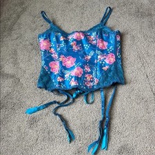Adore Me Blue Zoie Floral Lace Corset Bustier Garter Straps SIZE M