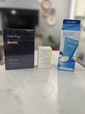 Depology Collagen Boosting Serum + Beekman 1802 Milky Oil + Skinfix Travel Set