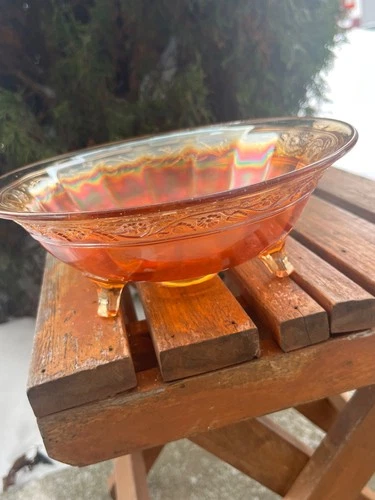 Vintage Imperial Carnival Glass Marigold Floral and Optic 3-Footed Bowl c.1920