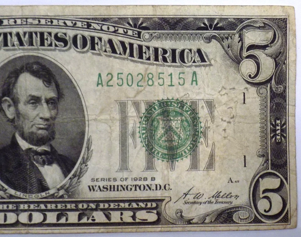 1928 B selo verde $5 nota da Reserva Federal Bank of Boston A25028515A - Imagem 3 de 4