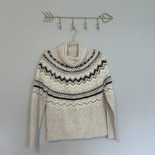LOFT Women s Small Fair Isle Cowl Neck Sweater Cream Beige Black Cozy Knit