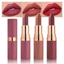 evpct 3Pcs Matte Creamy Lipsticks Set, Maroon Wine Coral Ruby Red Lip Stick S...