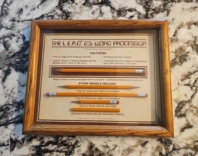 1984 THE L.E.A.D 2.5 WORD PROCESSOR COMPUTER JOKE PENCIL SIGN WOOD FRAME AD VTG 