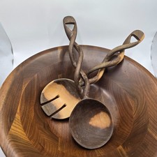 Hand Carved Wooden Salad Servers   Twisted Handle Vintage Serving Set