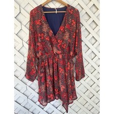 Free People Teegan Mini Dress Flowy Floral Boho Asymmetrical Hem Peach Combo M