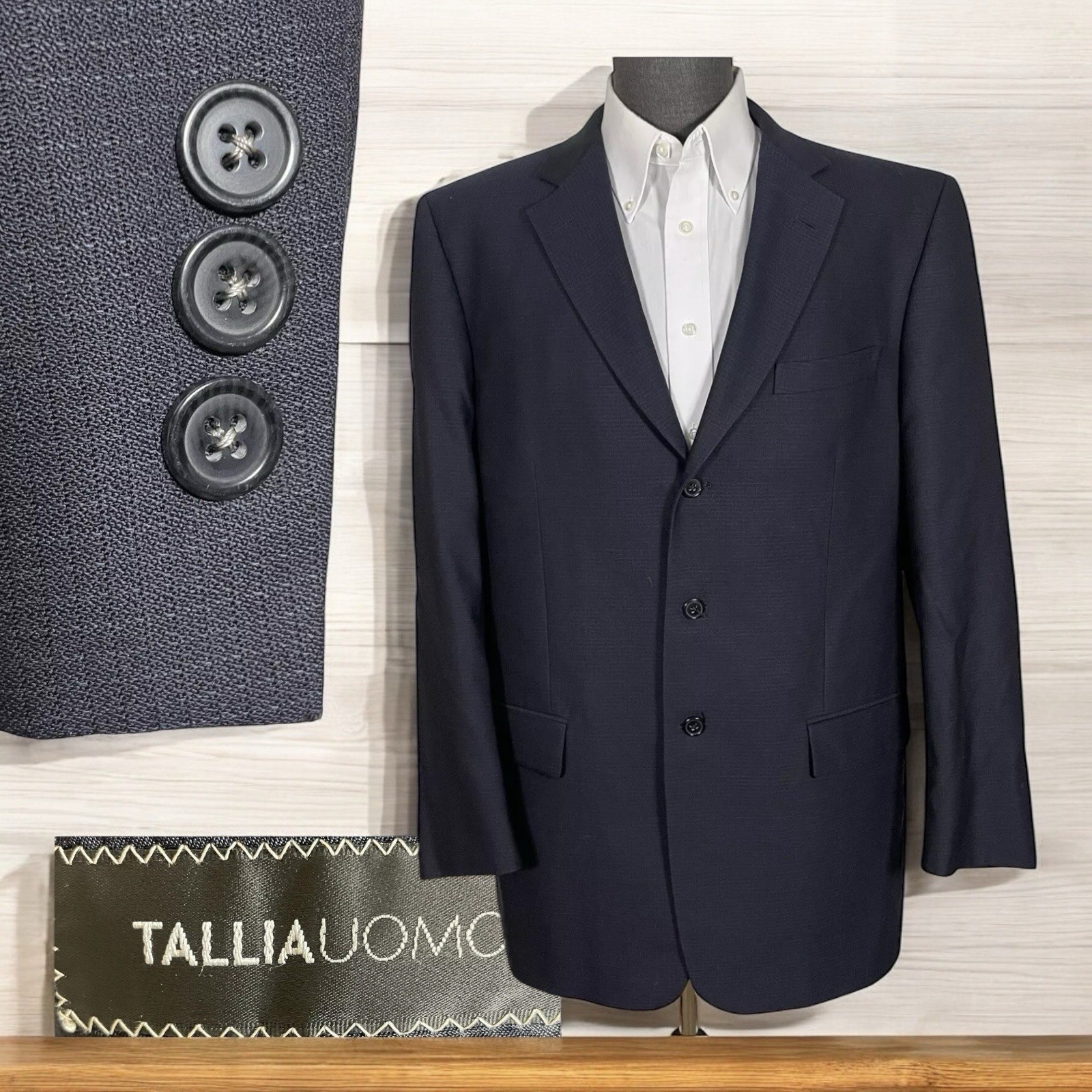 Tallia Uomo Sport Coat Mens 42L USA Made Navy Blue Check Super 100s Luxury Wool