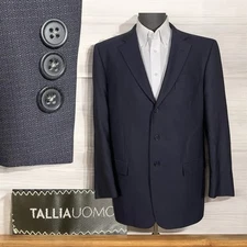 Tallia Uomo Sport Coat Mens 42L USA Made Navy Blue Check Super 100s Luxury Wool