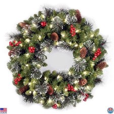24" National Tree Crestwood Spruce Pre-Lit Wreath with Pine Cones  White Lights