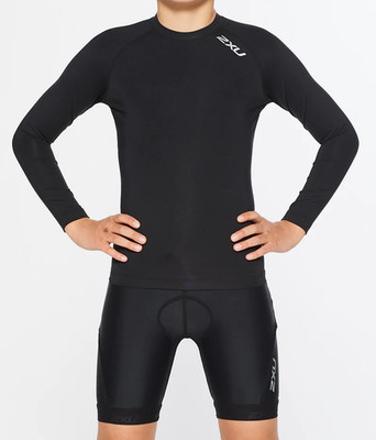 PAY LESS! 2xu Youth Compression Long Sleeve Top - Black/Silver