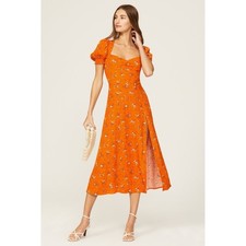Reformation Lacey Dress Orange Ditsy Floral Puff Sleeve Midi Slit Size 6