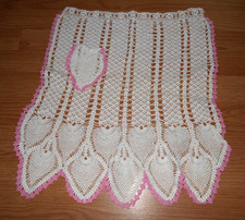 Vintage White and Pink Cotton Crocheted Apron w/ one Pocket Needs Ribbon for Tie