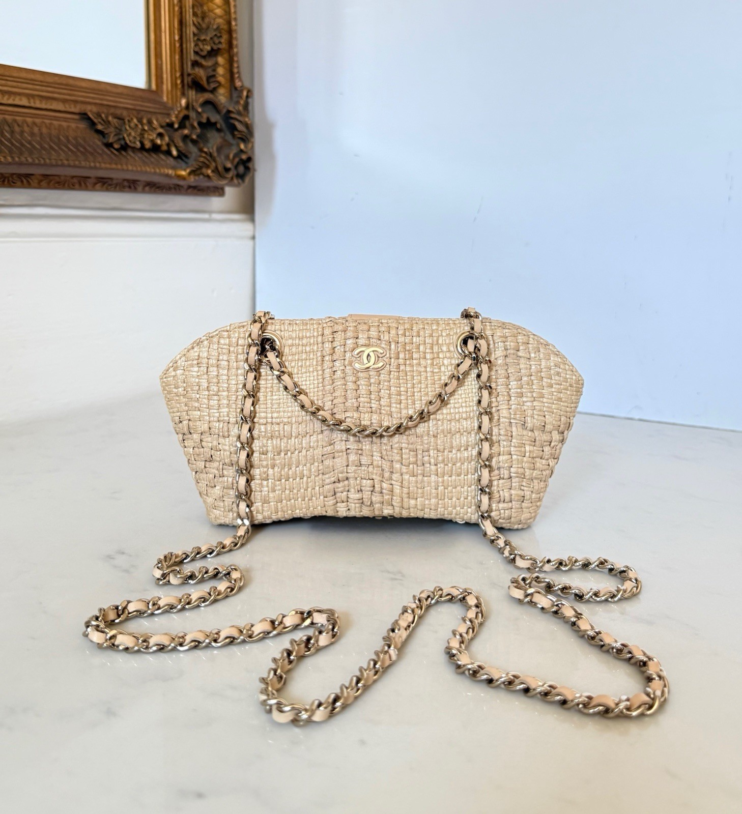 Chanel Raffia Clutch On Chain Bag Authentic
